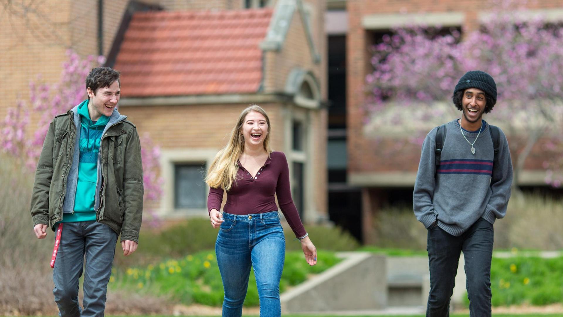 three students walking on 51 campus in spring, with flowering trees